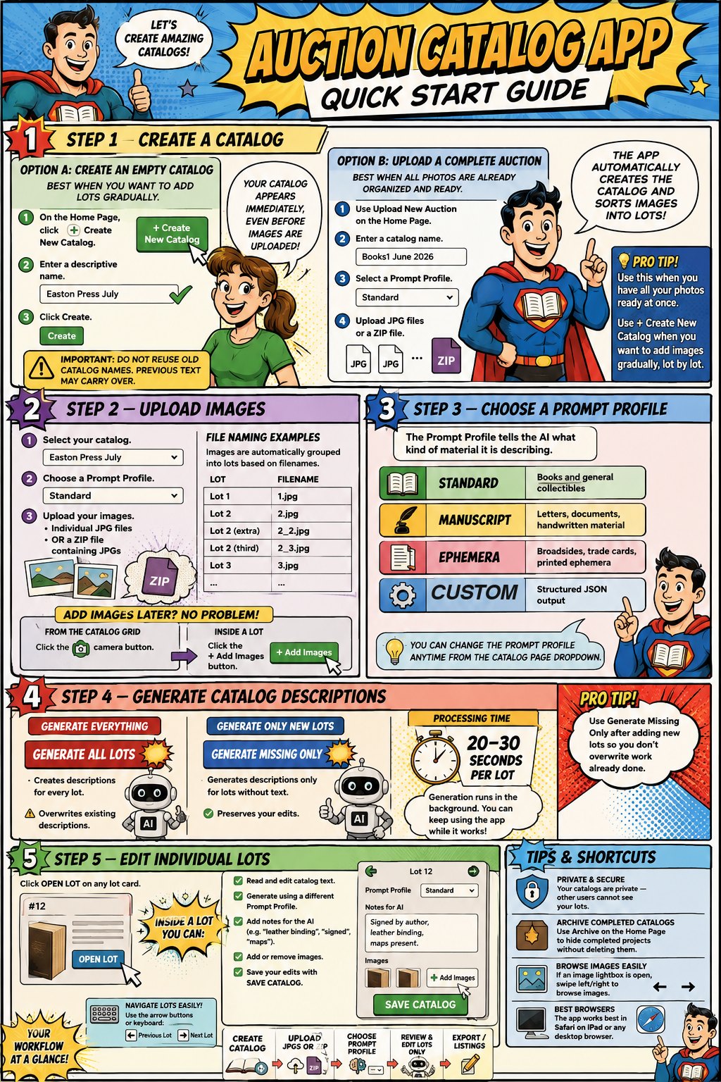 Quick start comic: 1 create a catalog, 2 upload images, 3 choose a prompt profile, 4 generate catalog descriptions, 5 edit individual lots, plus tips and shortcuts.